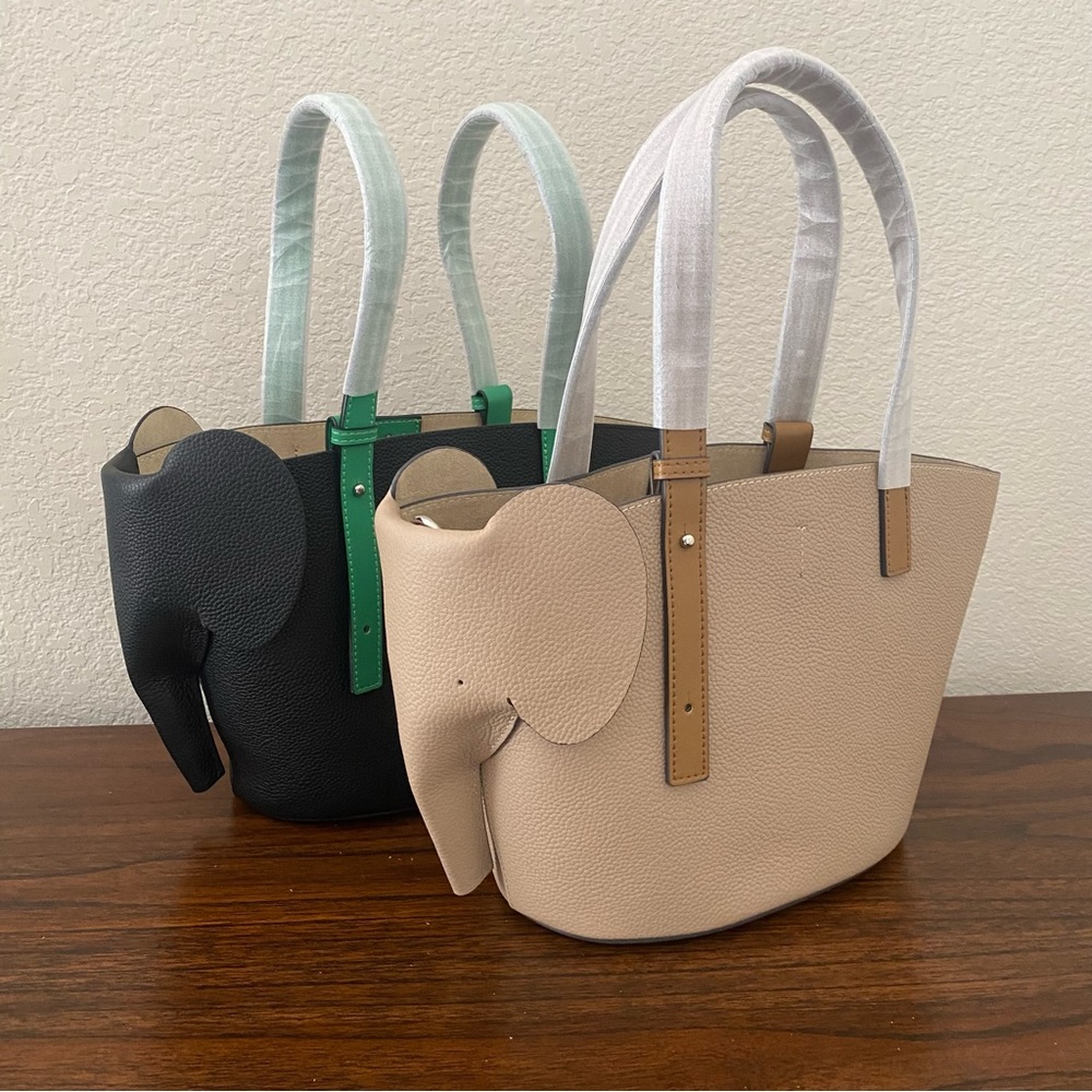 Cream Beige Tan Elephant Colorblock Basket Tote w/ Crossbody Strap Contrast S14